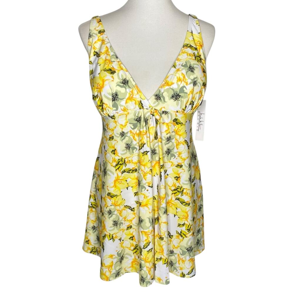 Nicole Miller Flyaway Swim Dress Yellow Floral One Piece Swimsuit Flirty XL NWT